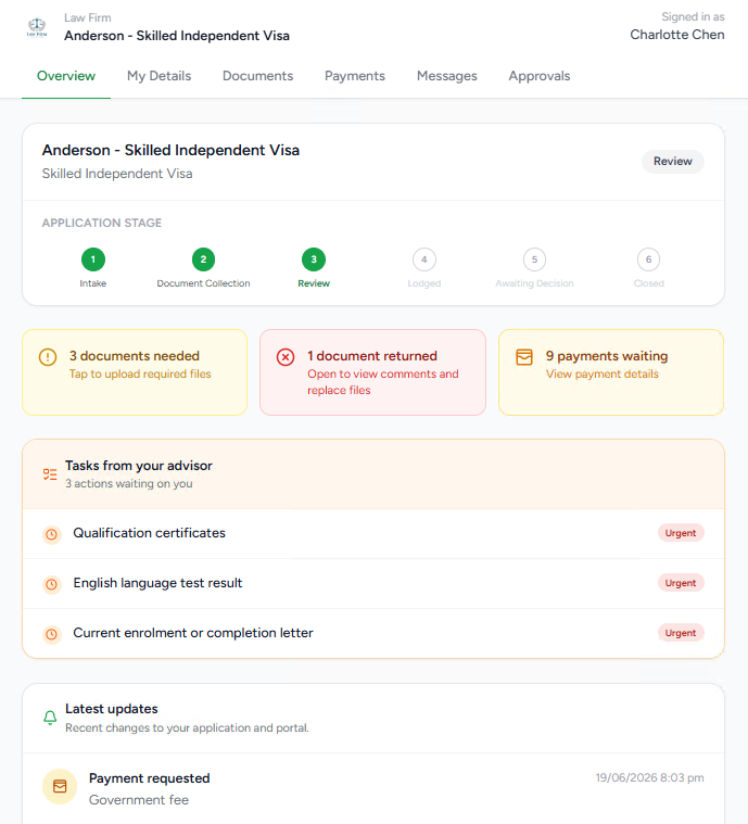 Client portal — document checklist view